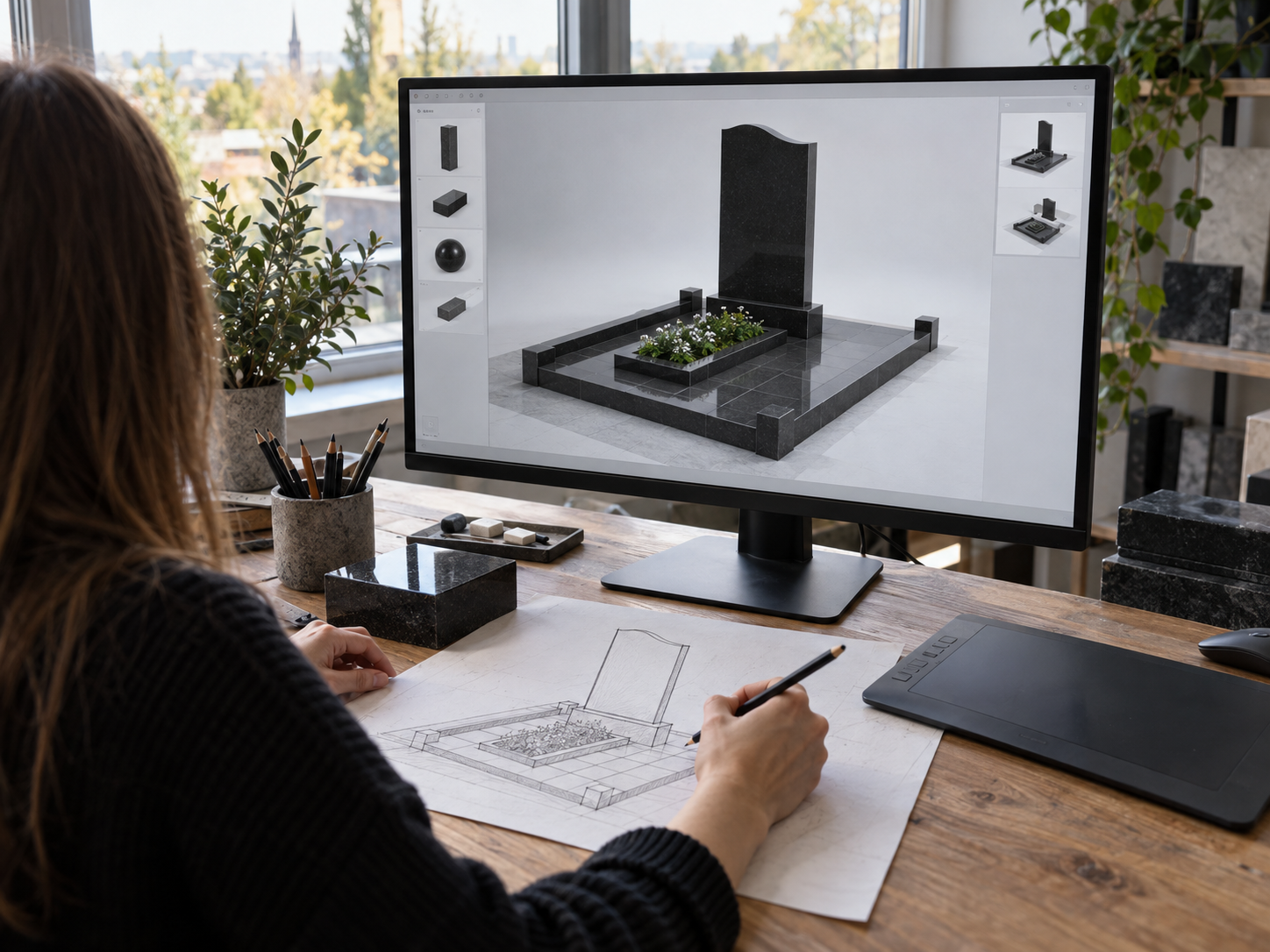 Рабочее место дизайнера: 3D-модель мемориала на мониторе, карандашный эскиз и образец камня